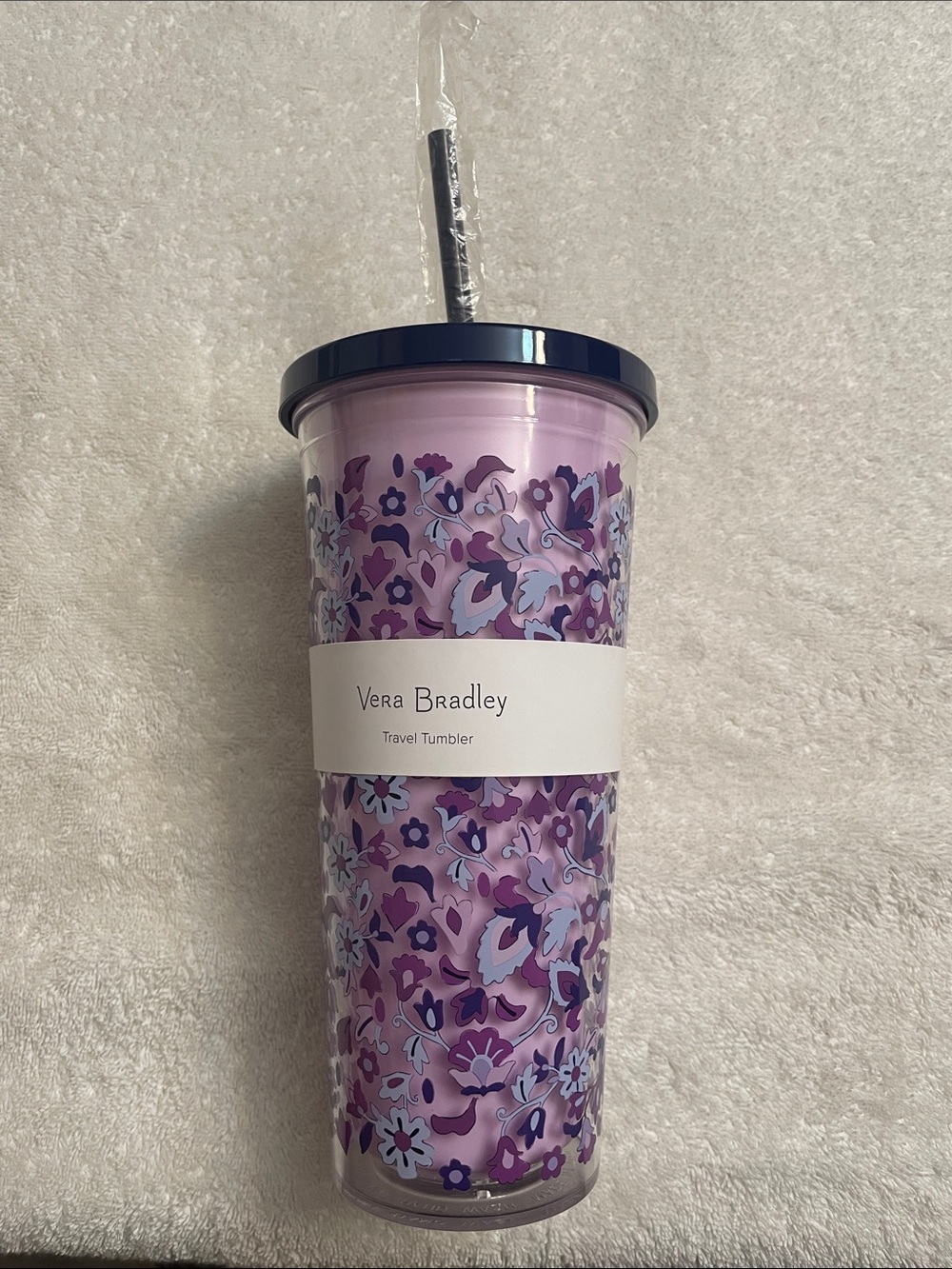 Vera Bradley Lavender & Navy Floral Travel Tumbler with Straw